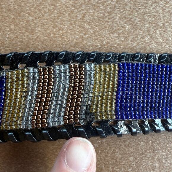 Vintage Black and Blue Beaded Leather Belt Small